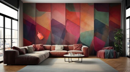 Living Room With Full Wall Flat Geometric Red Green Purple. Generative AI