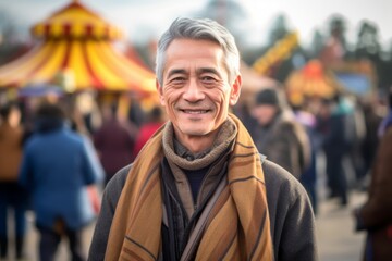 Lifestyle portrait photography of a satisfied mature man wearing a unique poncho against a crowded amusement park background. With generative AI technology