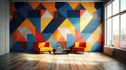 Living Room With Full Wall Flat Geometric Orange Blue Yellow. Generative AI