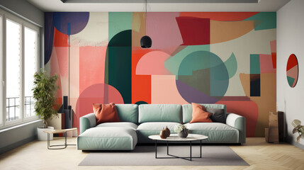 Living Room With Full Wall Flat Geometric Red Purple Green. Generative AI
