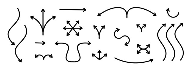 Set of black arrows icons. Curves pointer, turn to the side.
 Direction right left down up.Geometric abstract arrows of different shapes.
Movement orientation.
Vector illustration.
