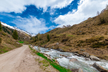 Hiking path next to the Rienz at Val Pusteria in the italian Alps