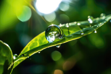 Nature's Jewel: A Captivating View of a Clear Water Drop Resting Delicately on a Fresh Green Leaf. Generative AI