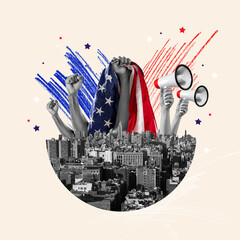 Contemporary art collage with hands of people holding megaphones and USA flag over city background....