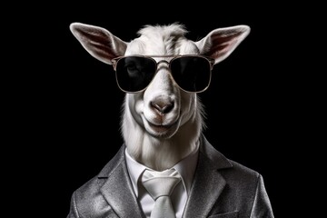 Happy Goat In Suit And Sunglasses On Black Background. Generative AI