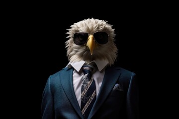 Eagle In Suit And Sunglasses On Black Background. Generative AI