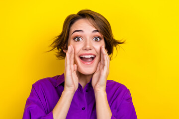 Photo portrait of lovely young lady palms cover mouth shout wear trendy violet smart casual garment isolated on yellow color background