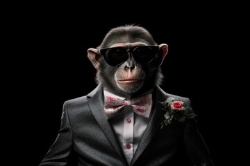 Macaque In Suit And Sunglasses On Black Background. Generative AI