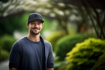 Naklejka na ściany i meble Lifestyle portrait photography of a satisfied boy in his 30s wearing a cool cap against a serene zen garden background. With generative AI technology