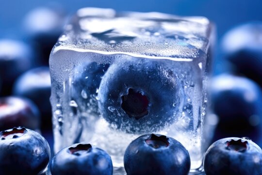 Macro Photo One Bilberry In An Ice Cube. Generative AI