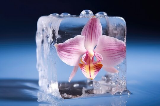 Macro Photo One Orchid In An Ice Cube. Generative AI