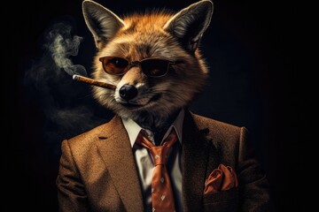 Smoking A Cigar Fox In Suit And Sunglasses On Black Background. Generative AI
