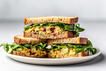 Vegan Chickpea Salad Sandwich On White Round Plate On White Background. Generative AI
