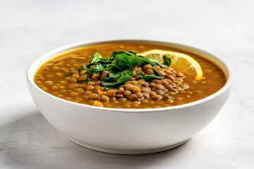 Vegan Lentil Soup On White Round Plate On White Background. Generative AI