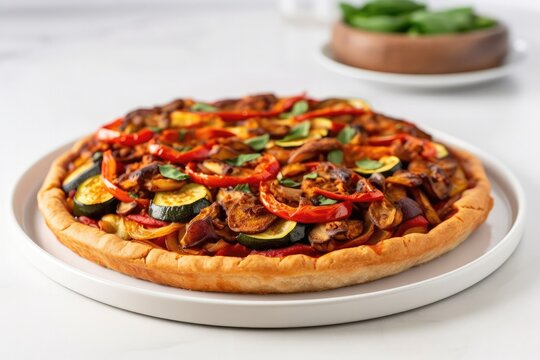 Vegan Ratatouille Pizza On White Round Plate On White Background. Generative AI