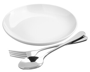 Empty plate, Spoon, fork, knife, white background, isolated, top view