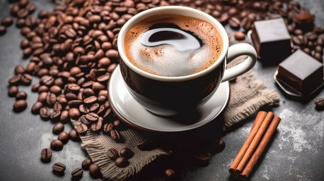 Cup of coffee with coffee beans, cinnamon and chocolate, Generative AI