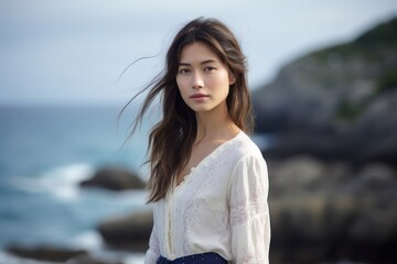Lifestyle portrait photography of a tender mature girl wearing a sophisticated blouse against a dramatic coastal cliff background. With generative AI technology