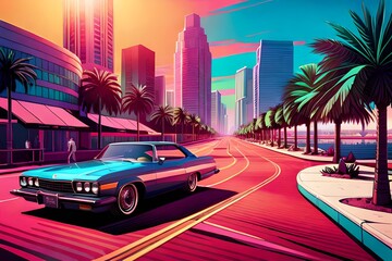 Fototapeta na wymiar 80s Vice city synthwave Miami landscape, vibrant color lines, aesthetic landscape with car. Chilling on Miami's roads. Miami 's sunset and chill mood. Generative AI digital art 3D.