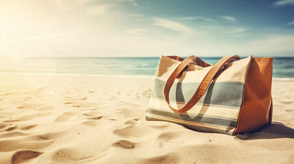 Beach bag on sand Summer vacation and travel concept