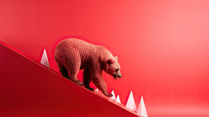 Bear climb down on red inclined plane in stock market - obrazy, fototapety, plakaty