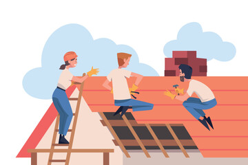 Roof Repair with People Construction Workers Characters Working Vector Illustration