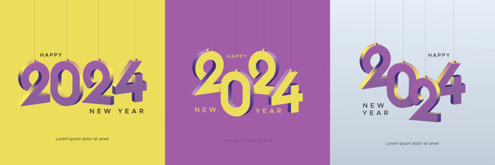 2024 new year greetings with 3D hanging number on modern colour. Happy new year 2024 celebration template