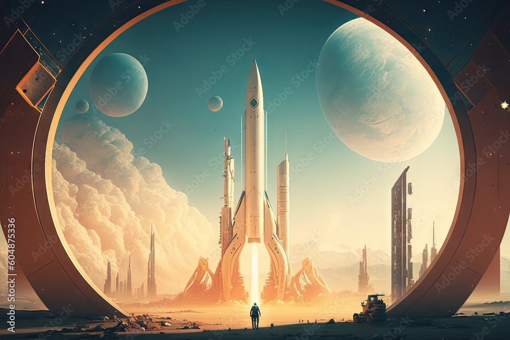 Wall mural rocket launch, with view of planet and futuristic city in the background, created with generative ai