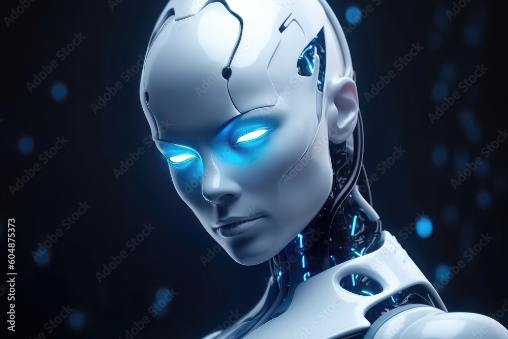 Wall mural beyond human: a glimpse into the future with a portrait of a white porcelain android robot with capt
