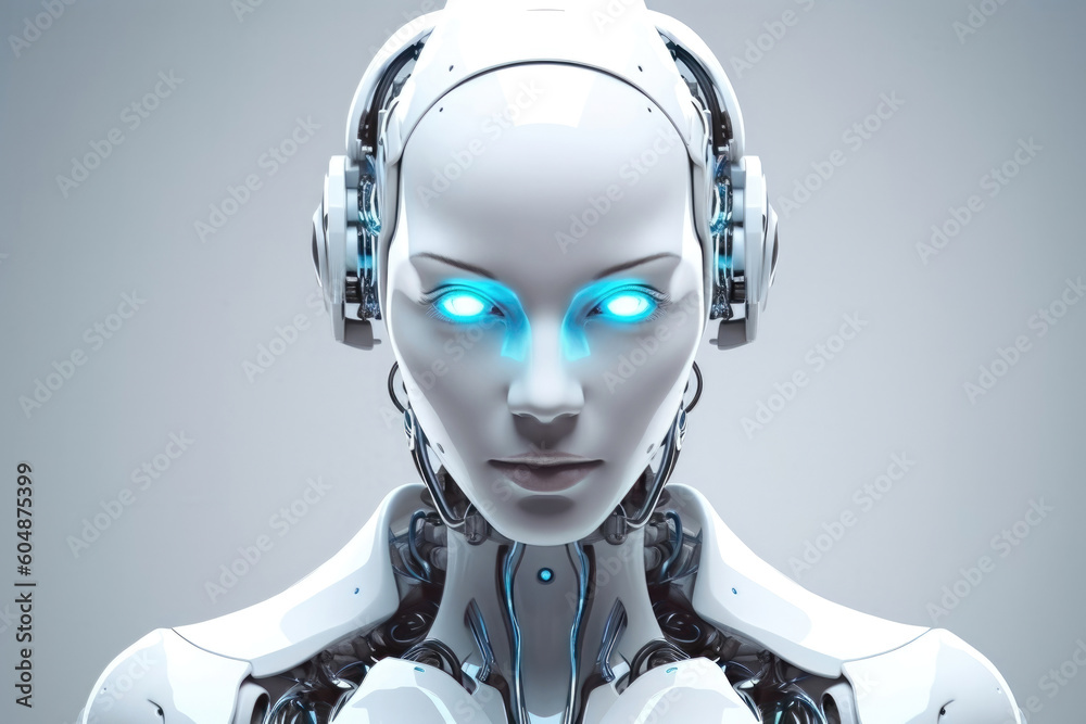 Wall mural beyond human: a glimpse into the future with a portrait of a white porcelain android robot with capt