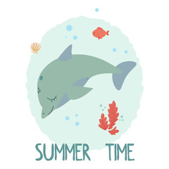 Naklejka premium vector poster with a small dolphin in the sea