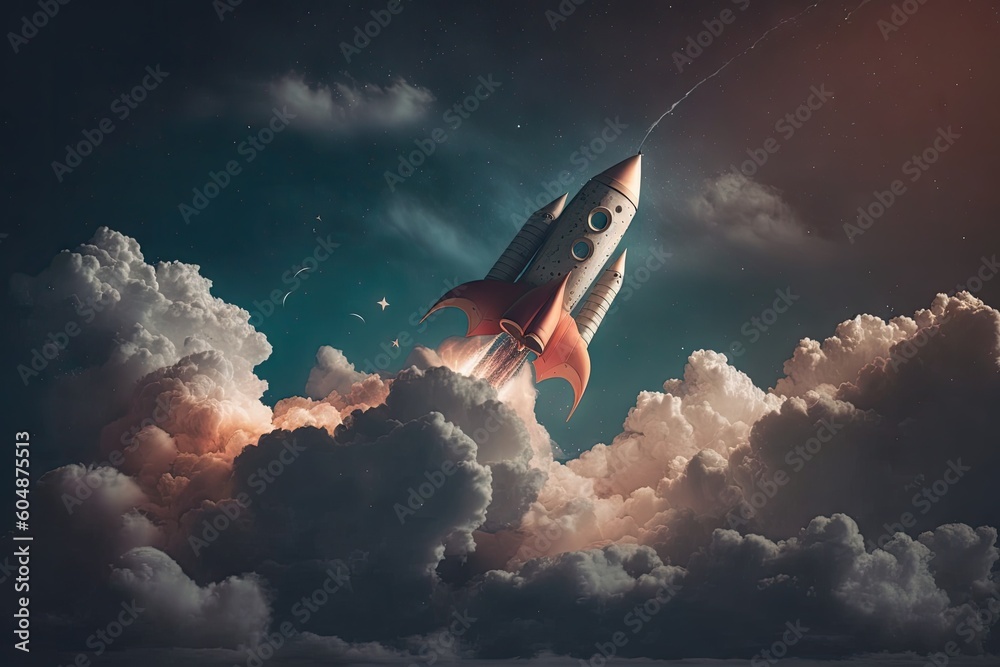 Poster rocket taking off into the sky with clouds and stars in the background, created with generative ai