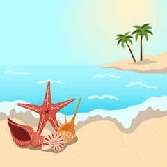Fototapeta na wymiar Tropical island with palm trees and seashell, Starfish in the ocean. Summer vacation landscape, sea