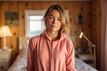 Fototapeta na wymiar Lifestyle portrait photography of a glad girl in her 30s wearing a comfortable tracksuit against a charming bed and breakfast background. With generative AI technology