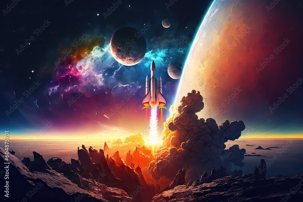 Sticker rocket start, with the view of colorful and peaceful planet in the background, created with generati