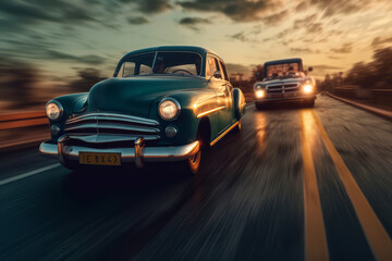 Plakat Vintage car overtaking a car, with a time warp effect, showcasing the contrast between classic and contemporary styles, appealing to nostalgia and evoking a sense of timelessness. Generative AI