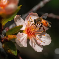 bee and butterfly take  nectar on fruits and berries, dew drops on  peach raspberry grapes cherry apple tree flowers nature macro,generated ai