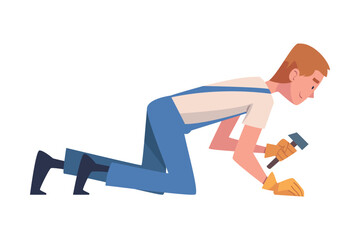 Man Construction Worker Character with Hammer Engaged in Roof Repair Vector Illustration