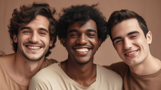 Three men friends bring lively energy to the light studio portrait. Generative AI