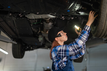 A female mechanic inspects a lifted car. A girl at a man's work.