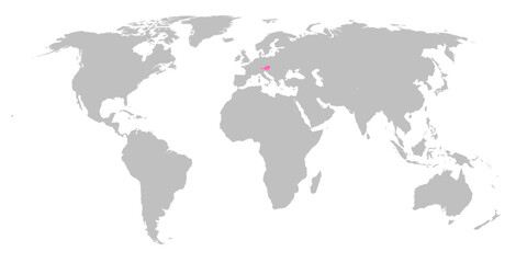 Vector map of the world with the country of Austria highlighted in Pink on grey white background.