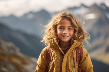 Lifestyle portrait photography of a grinning kid female wearing a durable parka against a scenic mountain trail background. With generative AI technology