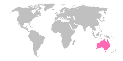 Vector map of the world with the country of Australia highlighted in Pink on grey white background.