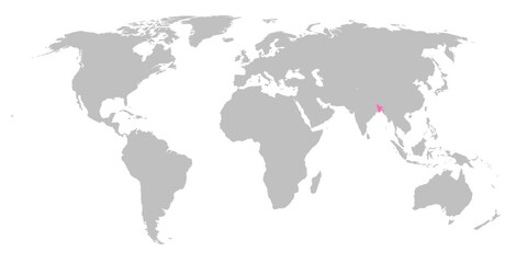 Fototapeta na wymiar Vector map of the world with the country of Bangladesh highlighted in Pink on grey white background.
