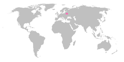 Vector map of the world with the country of Belarus highlighted in Pink on grey white background.