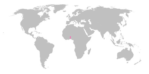 Fototapeta na wymiar Vector map of the world with the country of Benin highlighted in Pink on grey white background.