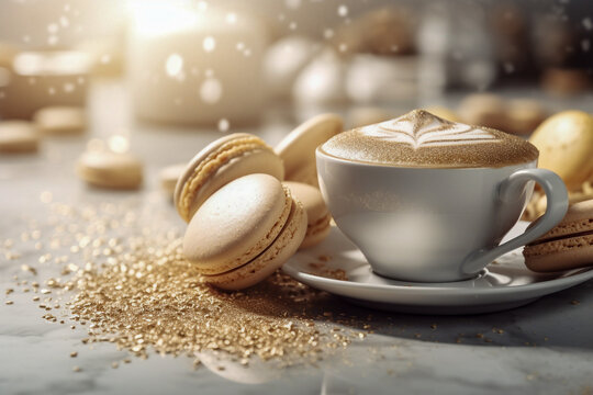 Tasty macaroons on a stone table with golden glitter. Super photo realistic background, generative ai illustration