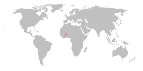 Vector map of the world with the country of Burkina Faso highlighted in Pink on grey white background.