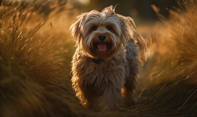 Naklejka premium photo of Lhasa apso dog in tall grass at sunset. Generative AI
