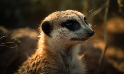 closeup photo of meerkat on blurry outdoors background. Generative AI